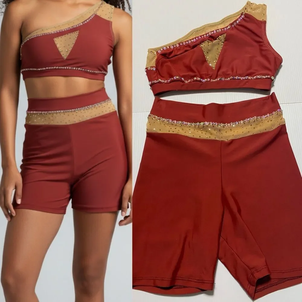 Patrick J designs dance costume solo orange illusion 2 piece top bike shorts XSA
